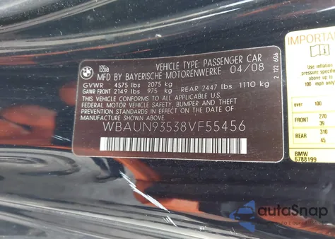 2008 BMW 135I from USA, damaged, VIN WBAUN93538VF55456